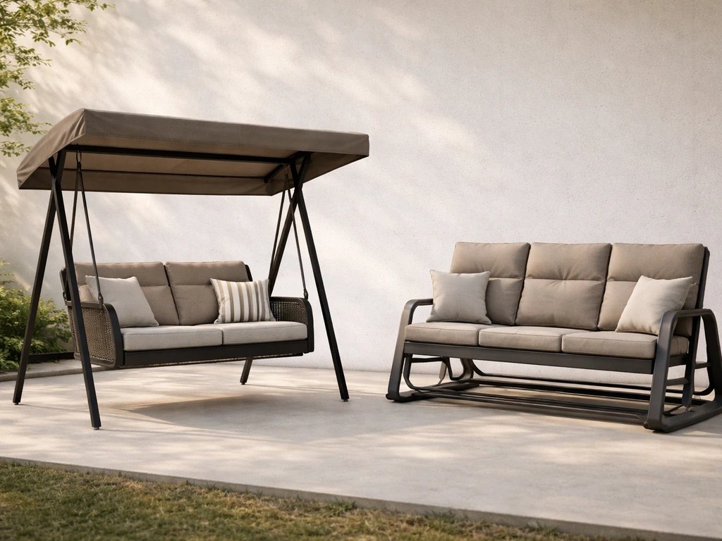 Outdoor patio showing a canopy porch swing and a glider-style swing side by side.
