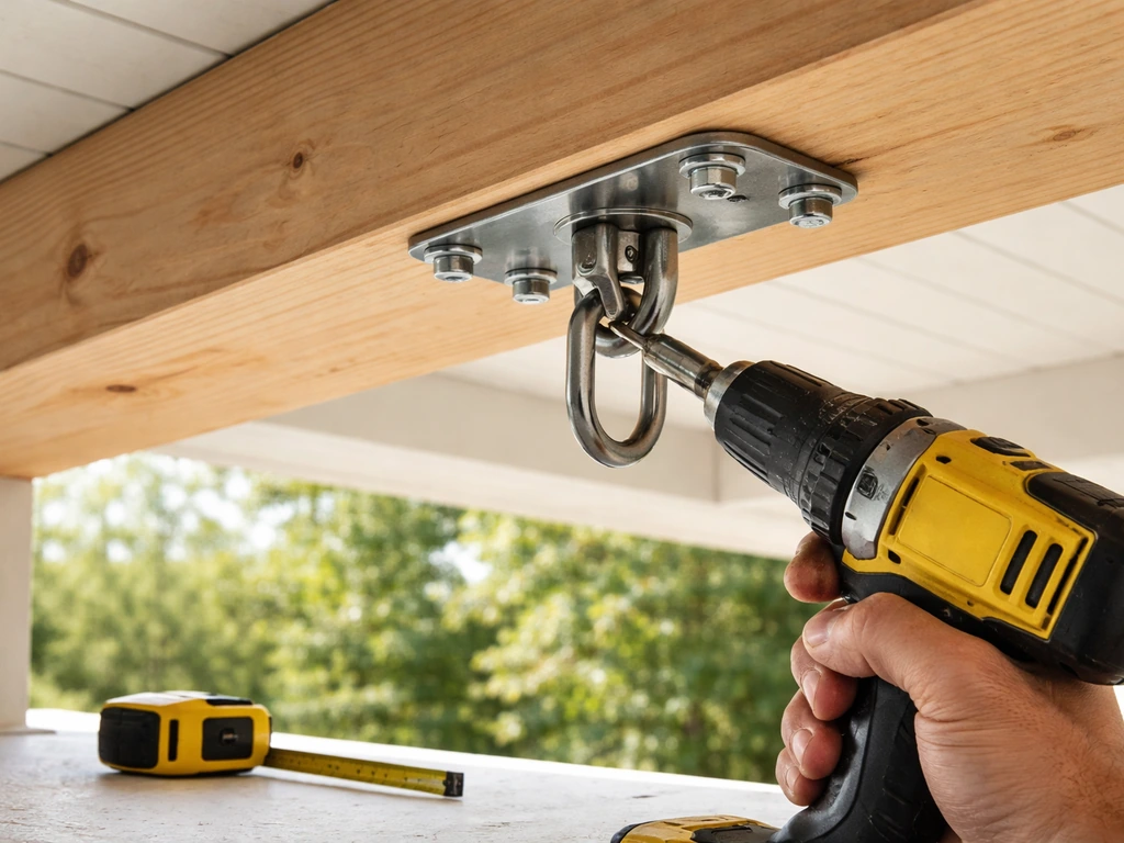 Hand using a drill to anchor a hung swing frame to a structural beam with visible hardware
