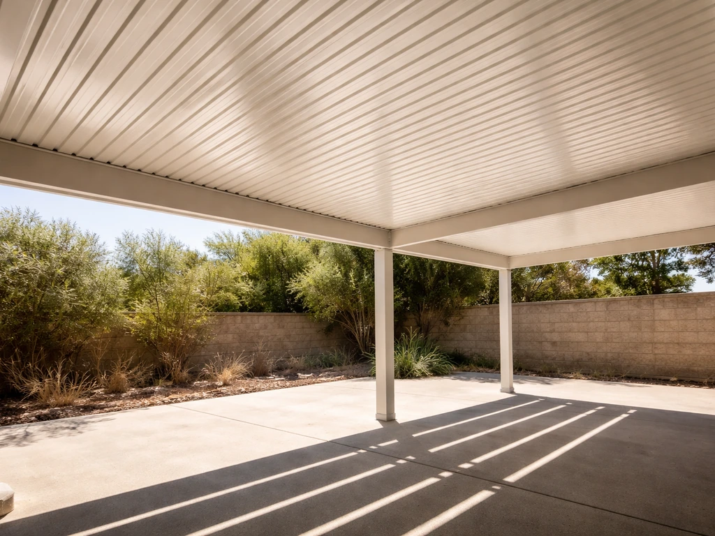 Underside of an aluminum patio cover in intense summer sun casting sharp shade on a quiet patio.