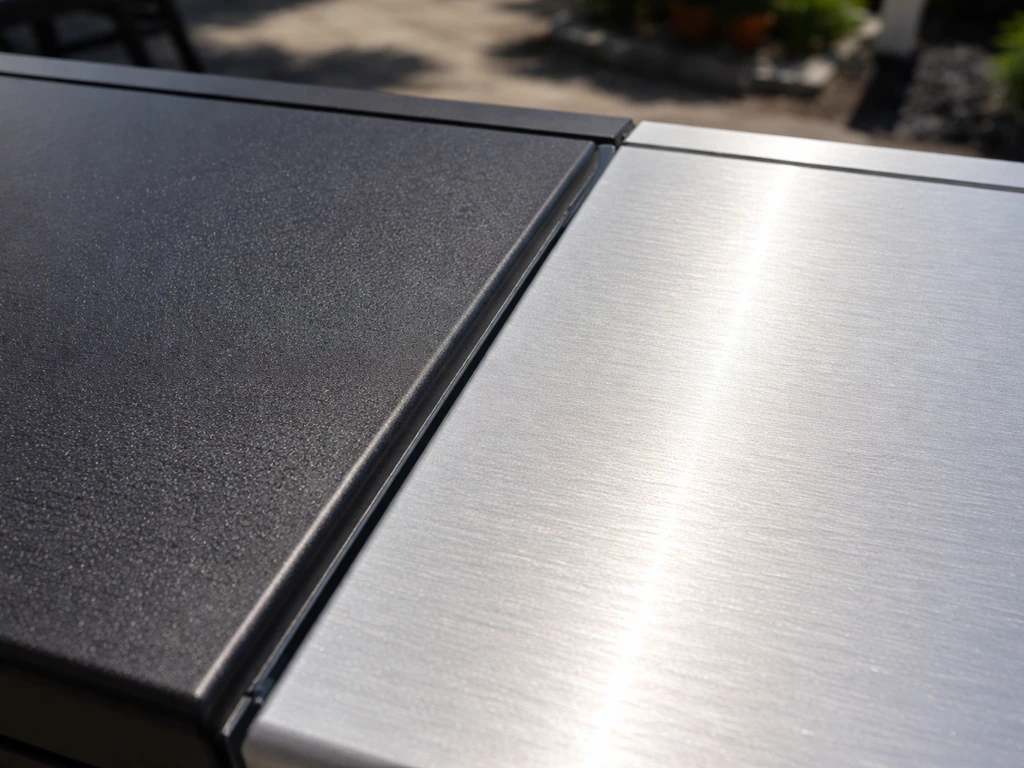 Close-up of dark matte vs light brushed aluminum patio cover in direct sun showing finish contrast.