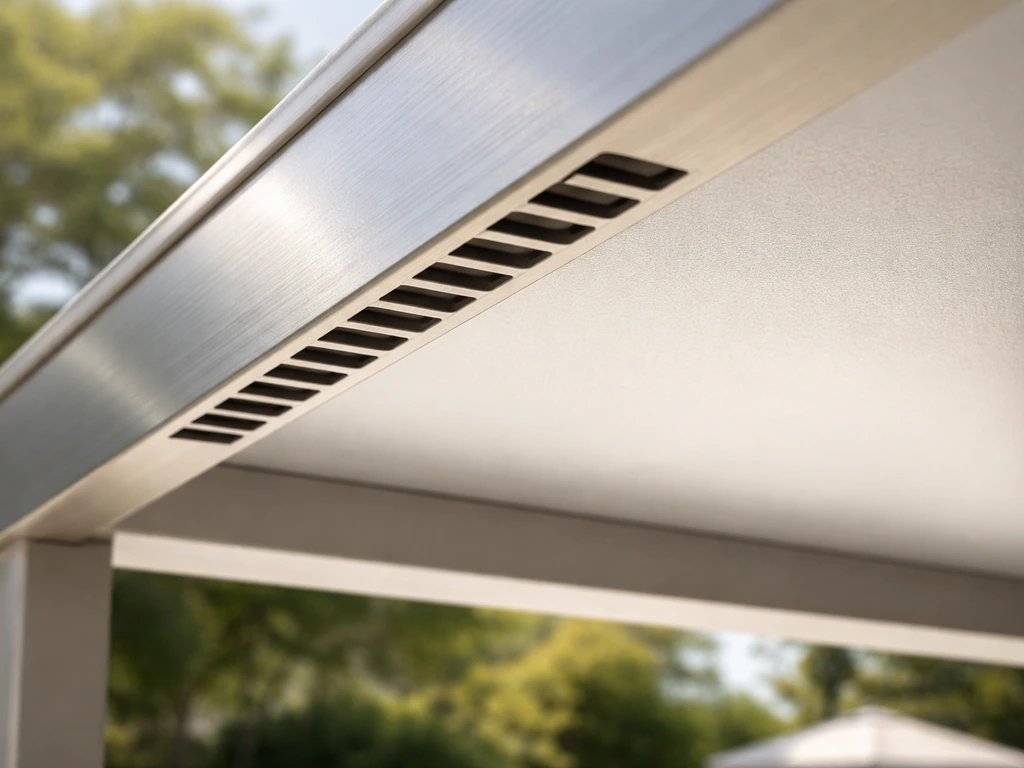 Close-up of a light-colored aluminum patio cover underside with a vented airflow section.