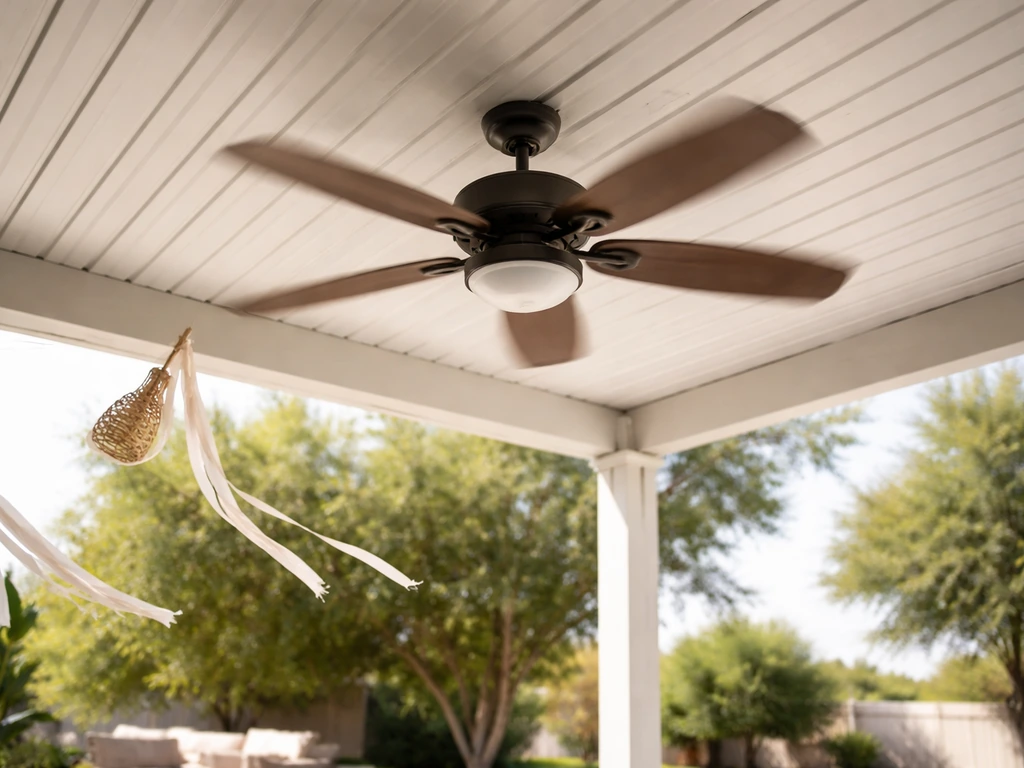 Outdoor ceiling fan under aluminum patio cover with visible airflow direction for comfort