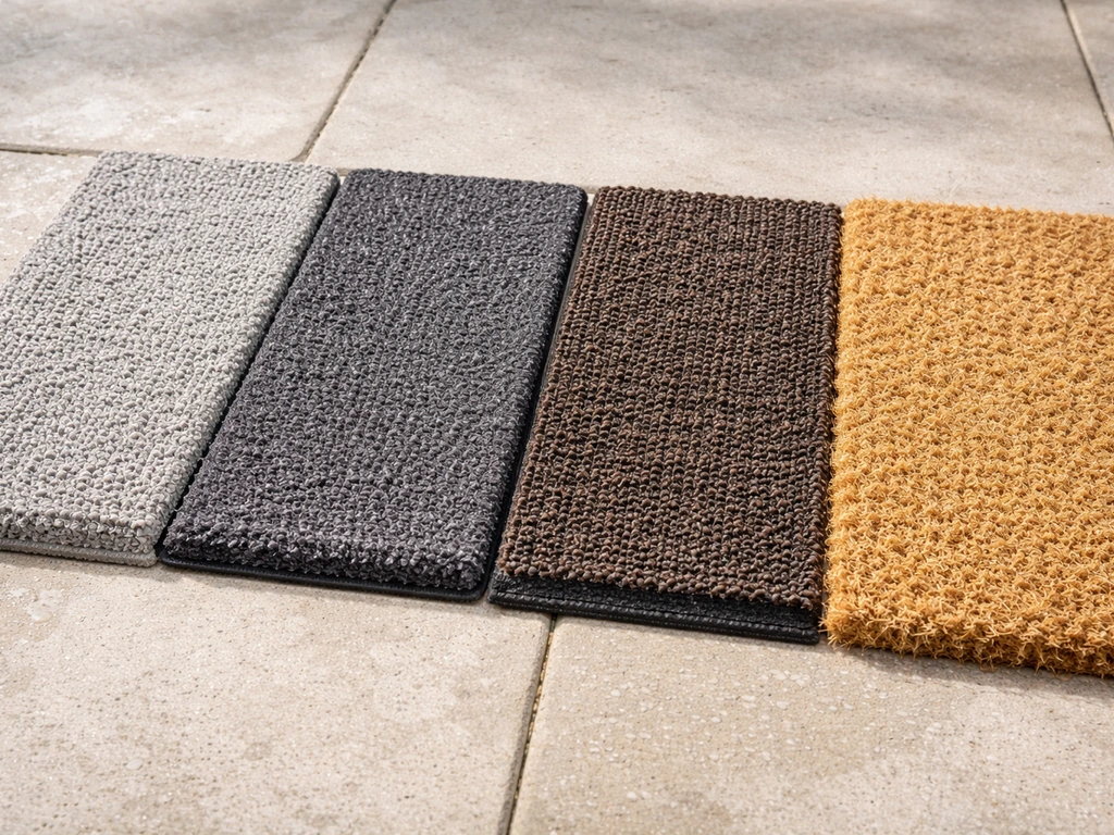 Four outdoor mat material swatches side-by-side, showing different textures under natural light.
