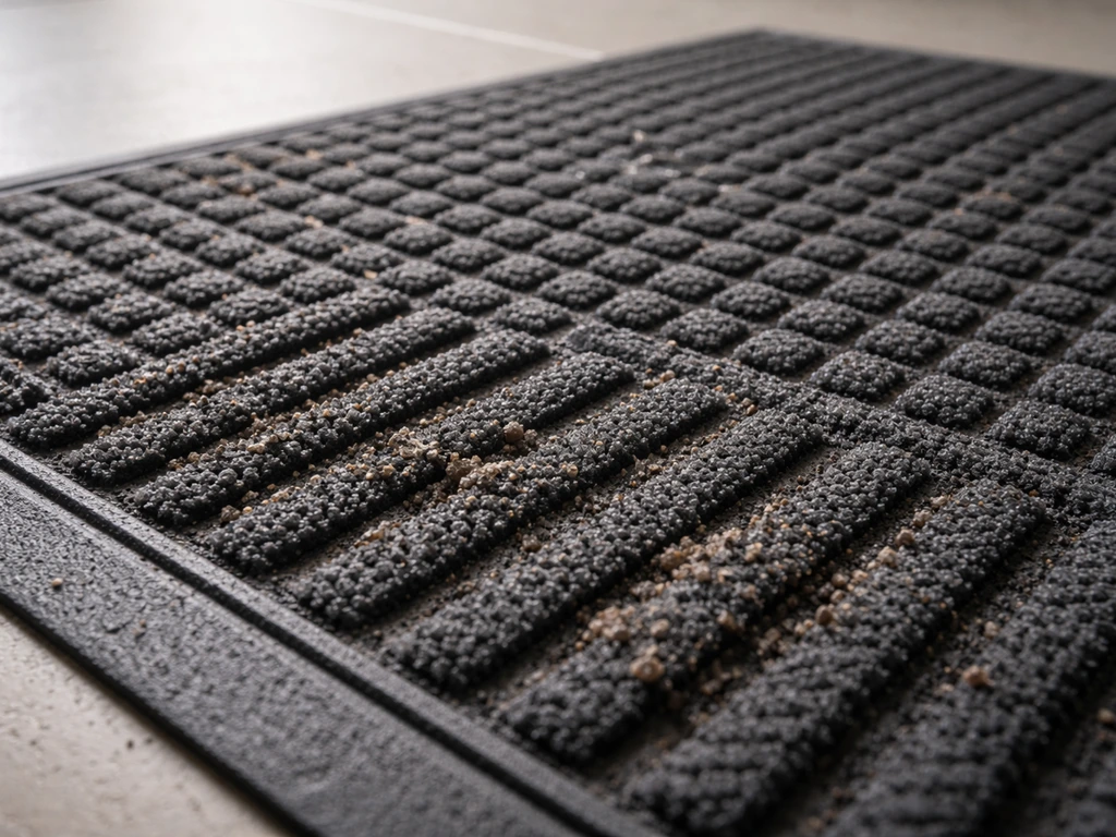 Close-up of a rubber-backed scraper mat face with raised nubs and recessed channels holding mud debris.