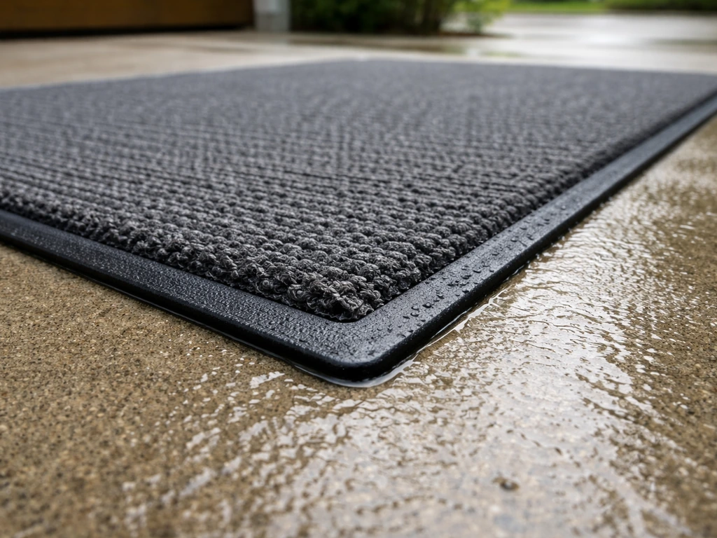 Wet concrete with an outdoor rubber-backed mat shown gripping firmly for traction and safety.