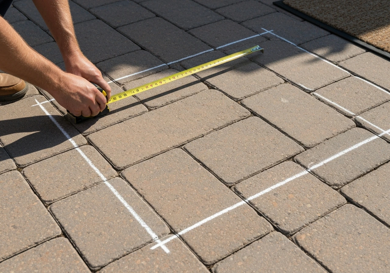 Hand with a tape measure marking a chalk rectangle for an outdoor mat inset on a patio.