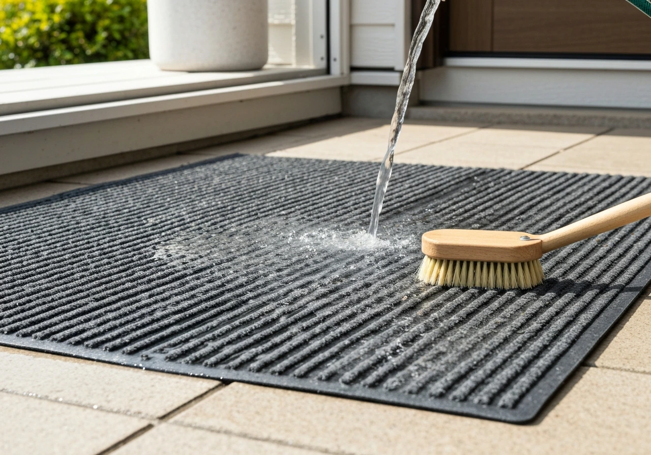 Outdoor mat being rinsed with a garden hose while a soft brush scrubs textured channels.