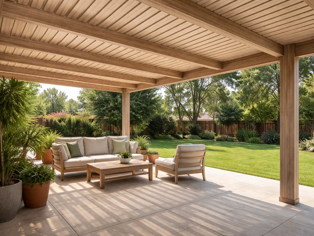Wood-look aluminum patio cover shading a backyard seating area with visible grain texture.