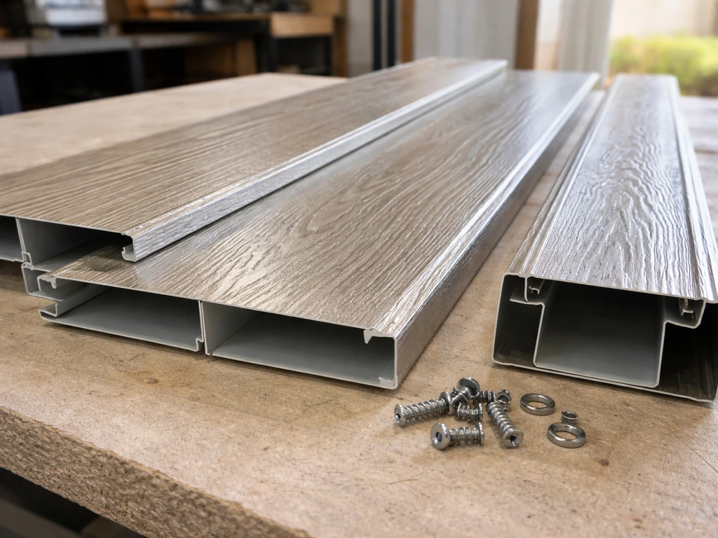 Close-up of embossed aluminum patio cover panels with woodgrain texture and exposed beam profile