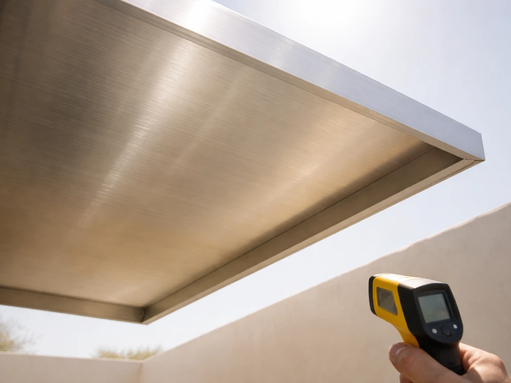 View of a non-insulated aluminum patio cover in intense sun with warm haze and a small temperature gauge.
