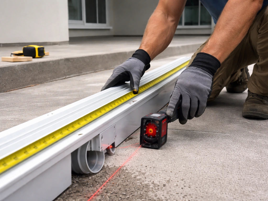 Contractor measuring patio cover slope with level near gutter drainage details