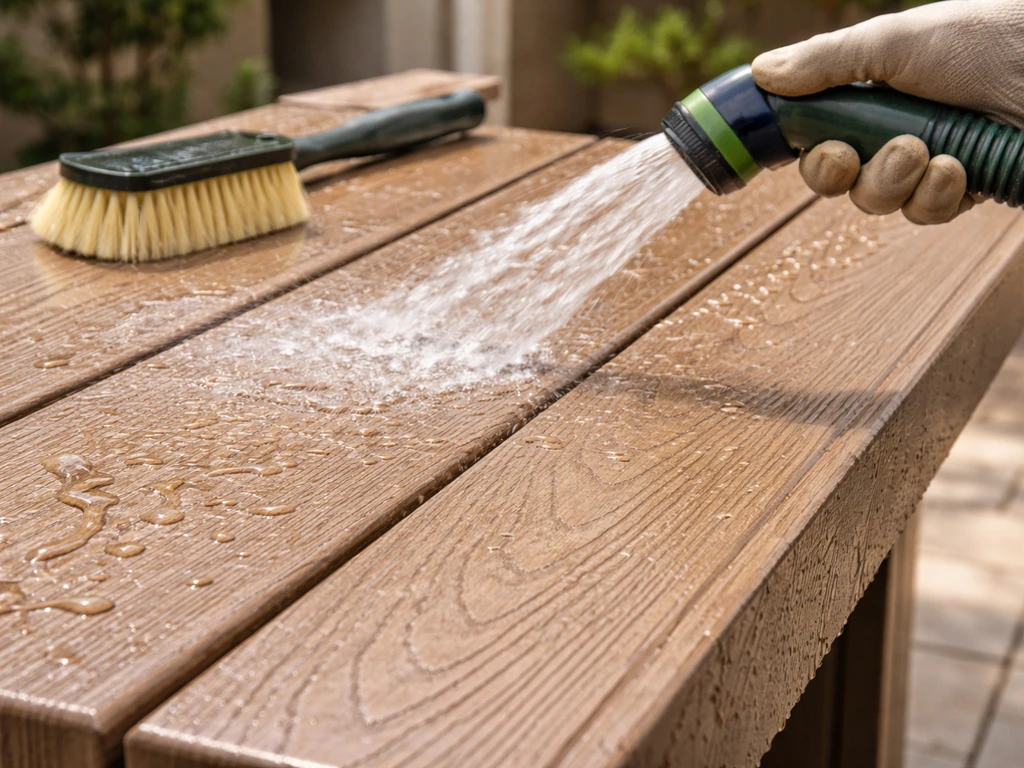 Anonymous gloved hand rinses an Alumawood woodgrain panel with a garden hose, debris washed away.