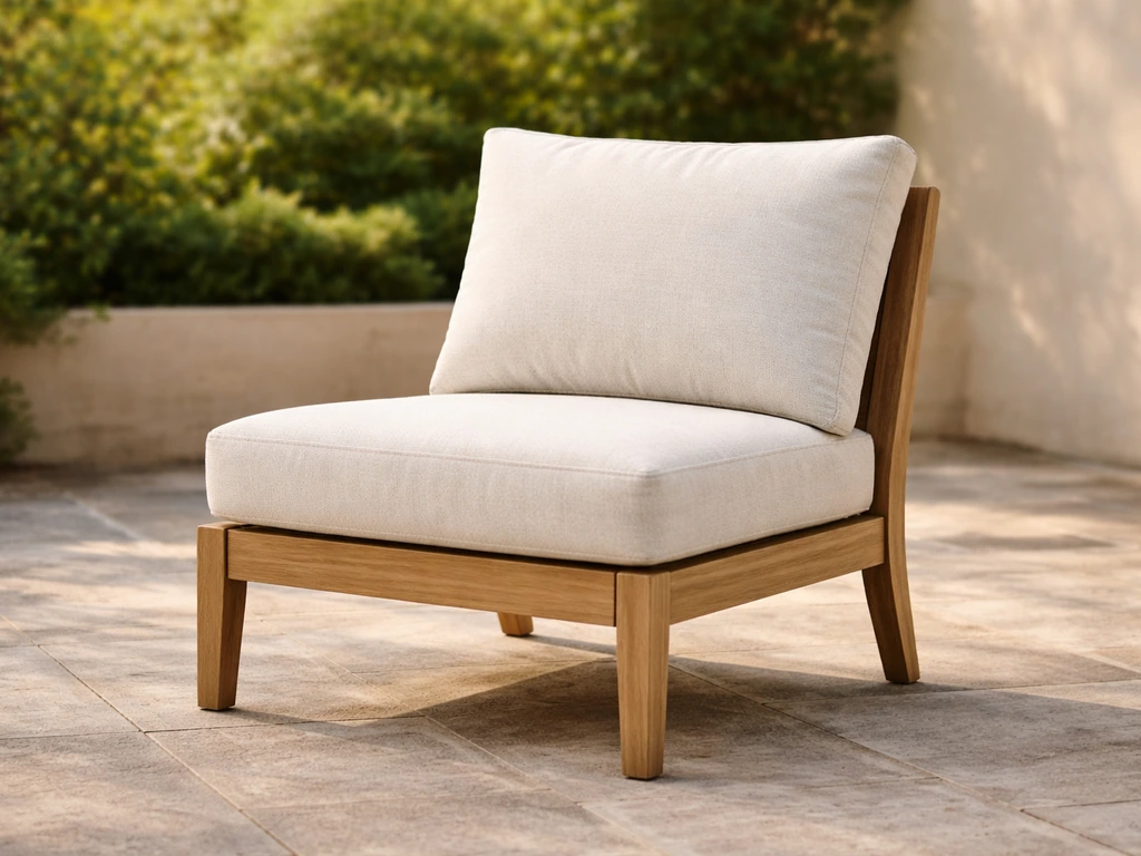 Sunlit patio chair with perfectly fitted outdoor cushions, clean and plush for comfortable, durable seating.