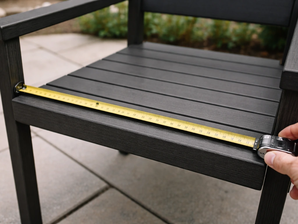 Close-up tape measure measuring a patio chair seat pan for cushion size