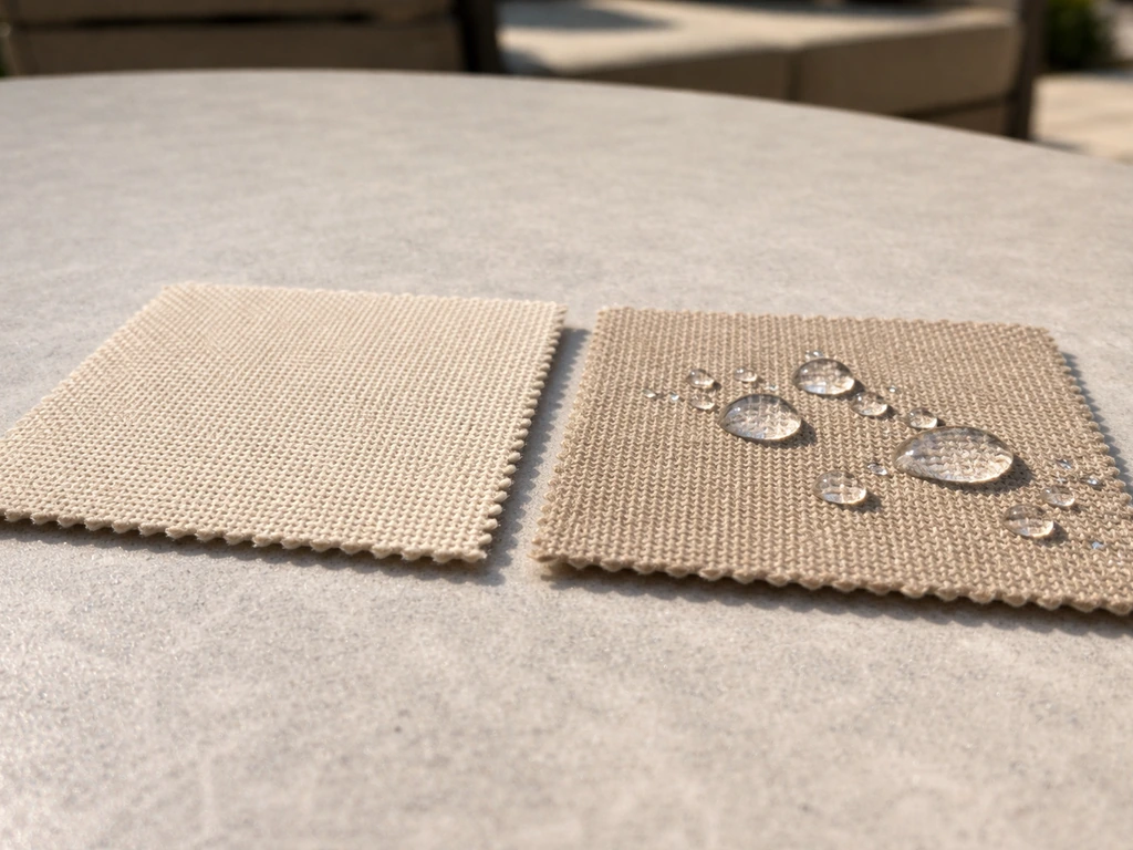 Outdoor patio cushion cover fabrics shown side by side with visible texture and subtle water-bead effect.