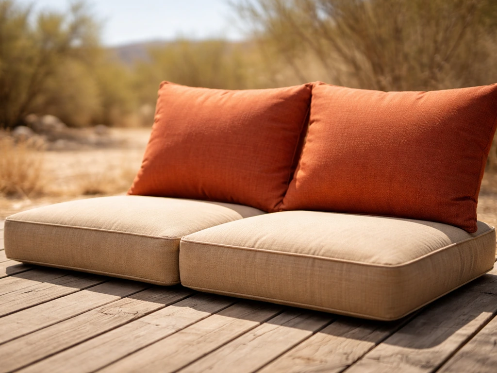 Patio cushions in intense sun on a full-sun deck with bright UV glow and fade-resistant fabric texture.