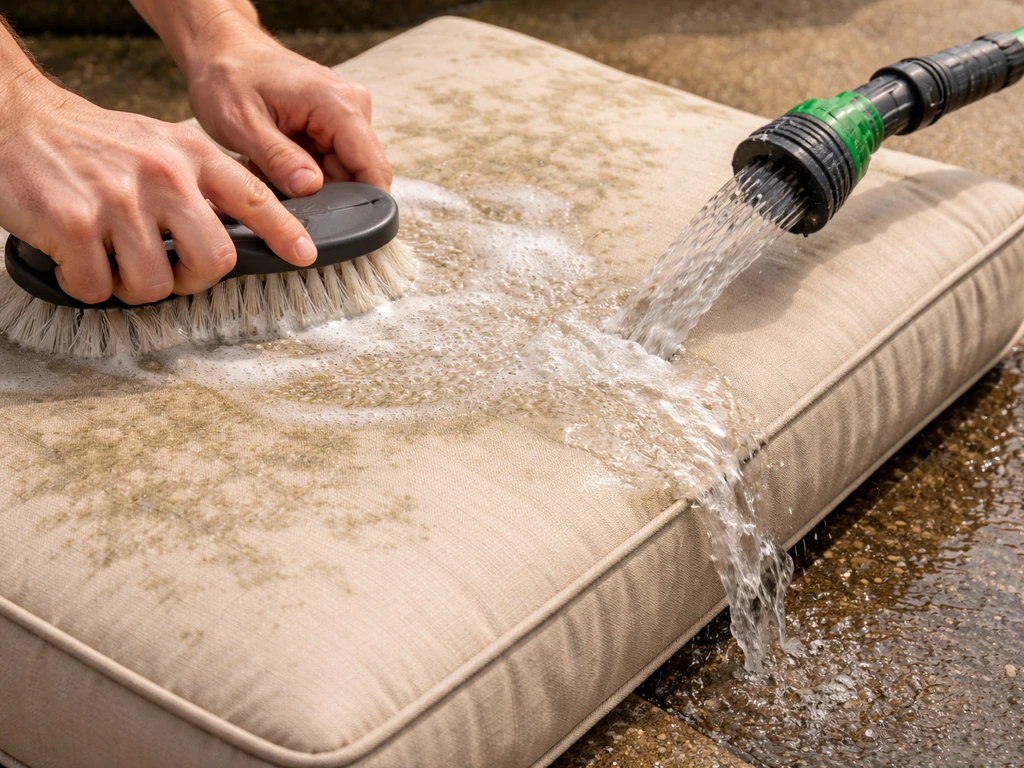 Hand scrubbing outdoor cushion fabric with a diluted bleach solution, then rinsing with water.