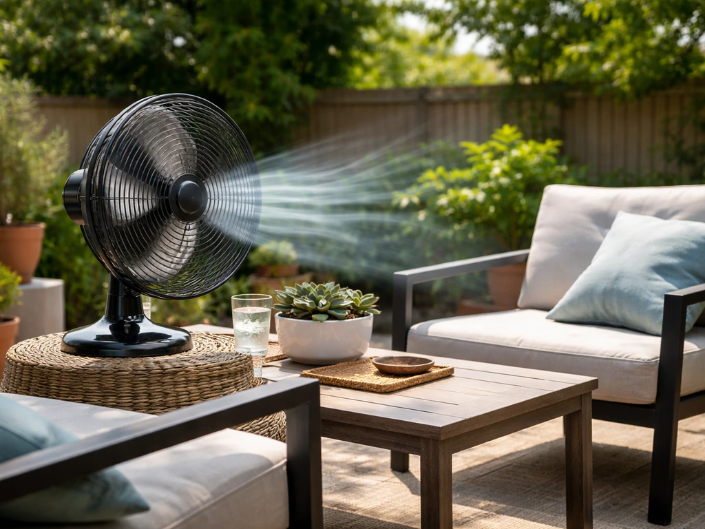 Bright outdoor patio with a high-velocity fan blowing across empty seating and cushions.