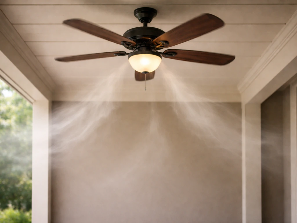 Close-up of a ceiling fan with visible airflow using soft mist, showing spread over a small covered porch.