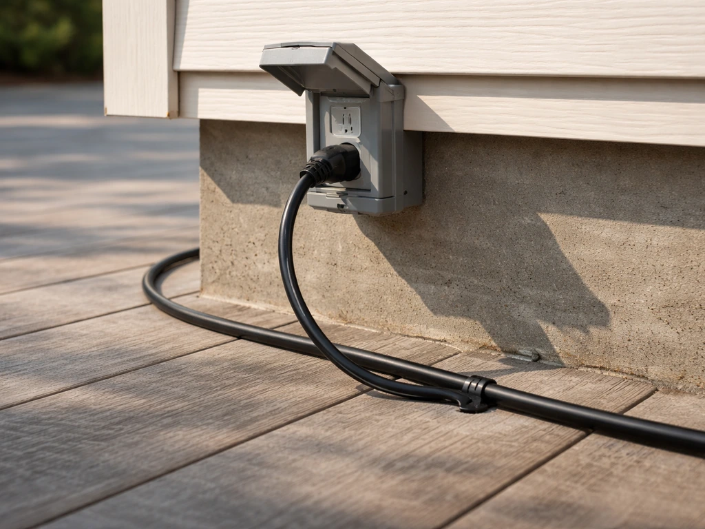 Outdoor-rated GFCI outlet with an outdoor extension cord routed toward a patio fan on a covered patio.