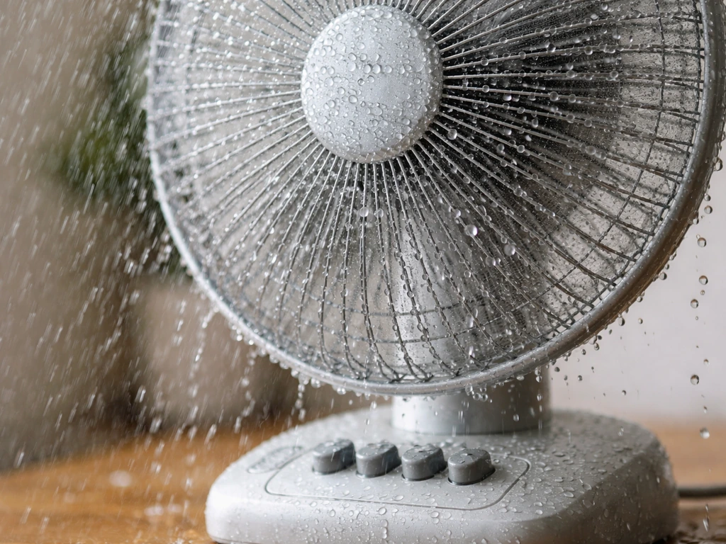 Close-up of a fan grille with realistic water droplets and light splash effect showing splash resistance.