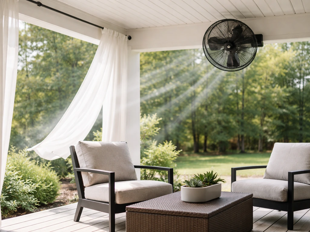 Wall-mounted high-airflow fan blowing across a wide outdoor patio seating area under a cover.