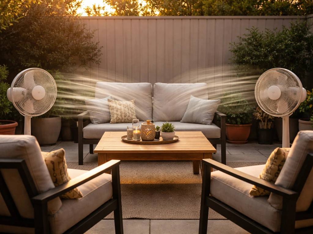Two outdoor fans on a patio create intersecting airflow toward seated area