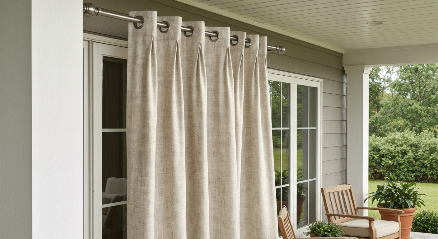 Ivory/taupe basketweave grommet-top curtain panel hanging on a covered porch, showing texture, pleats, and lined construction.