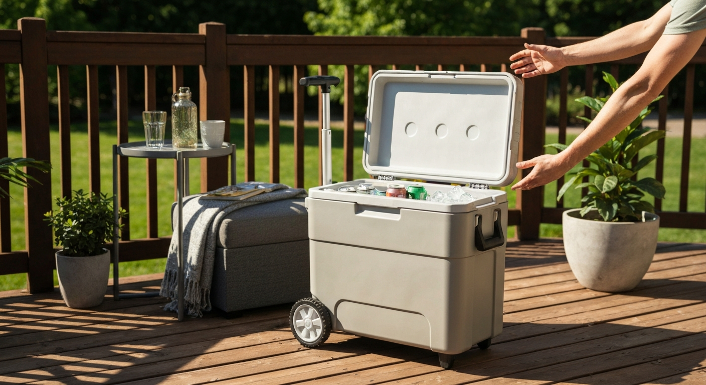 Premium rolling patio cooler on a wooden deck in sunlight, lid open with drinks and ice visible; oversized wheels and telescoping handle shown.