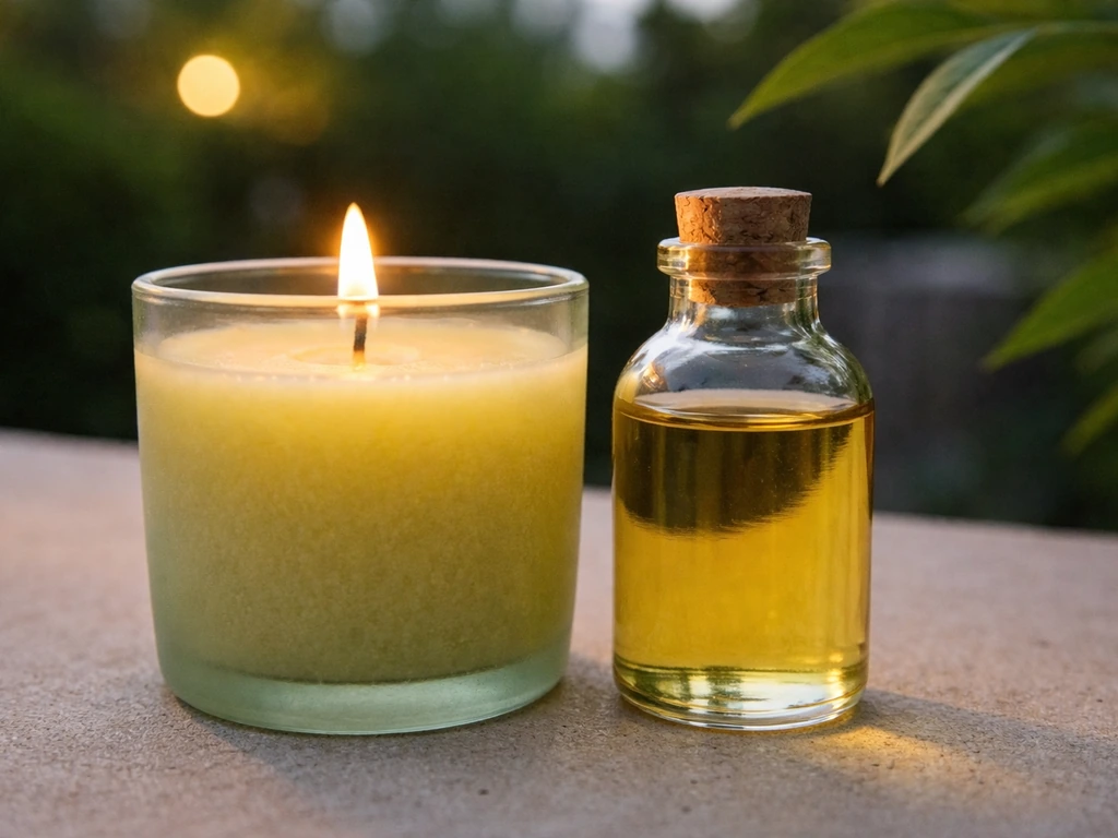Close-up of a citronella candle with a bottle of citronella oil, showing the wick and oil concept outdoors.