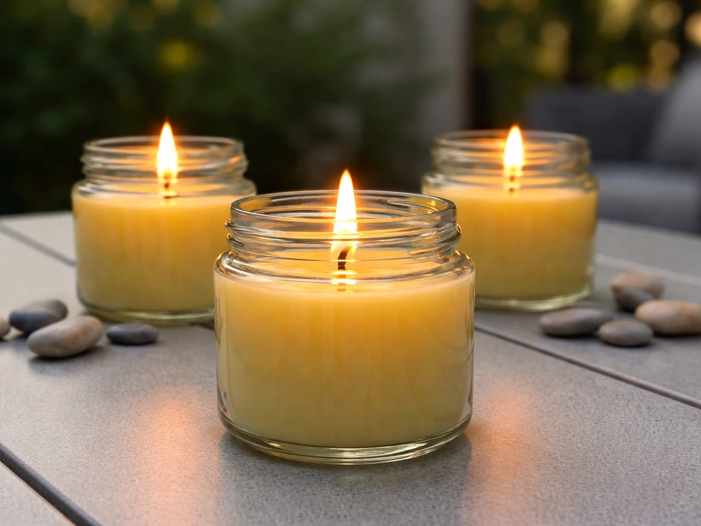 Multiple citronella jar candles with wide openings on a patio table, flames flickering for a subtle coverage effect.