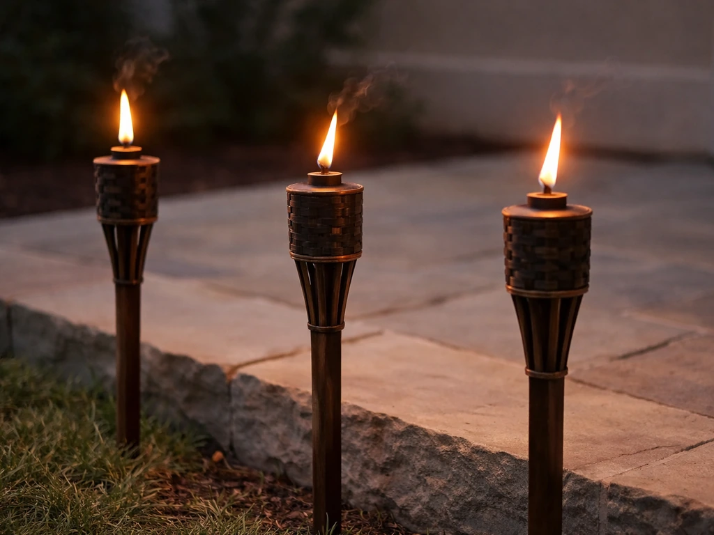 Several burning tiki citronella torches along a patio edge for strong, wind-resistant coverage.