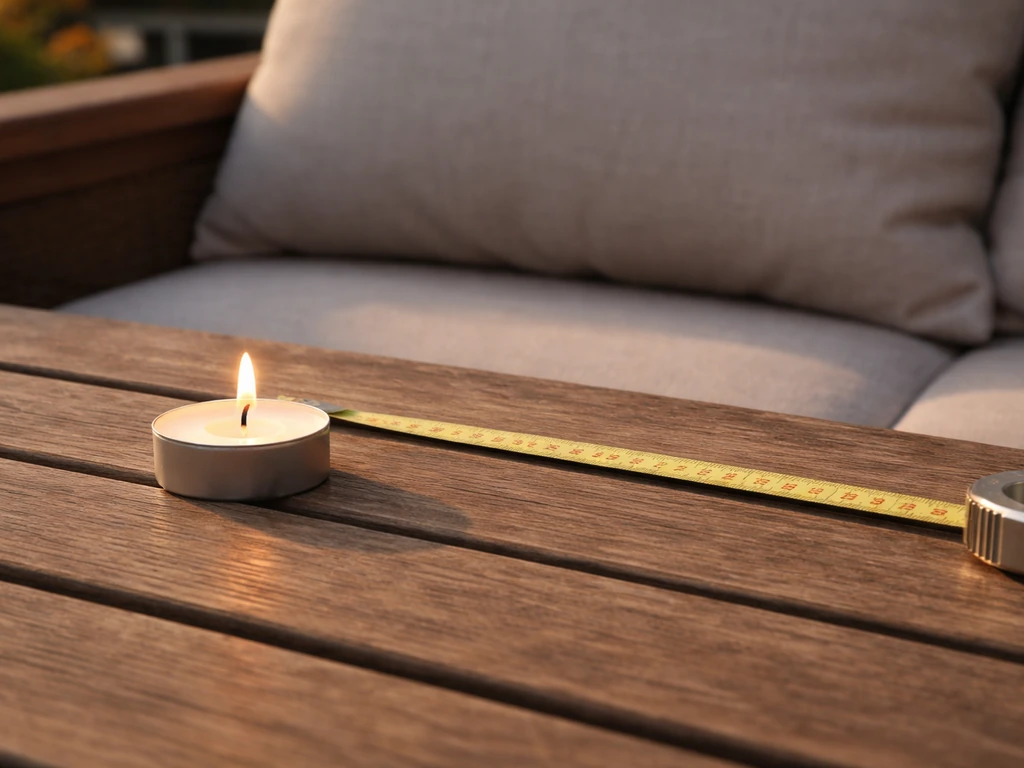 Lit candle on a patio table with a visible 12-inch clearance from a fabric cushion using a measuring tape.
