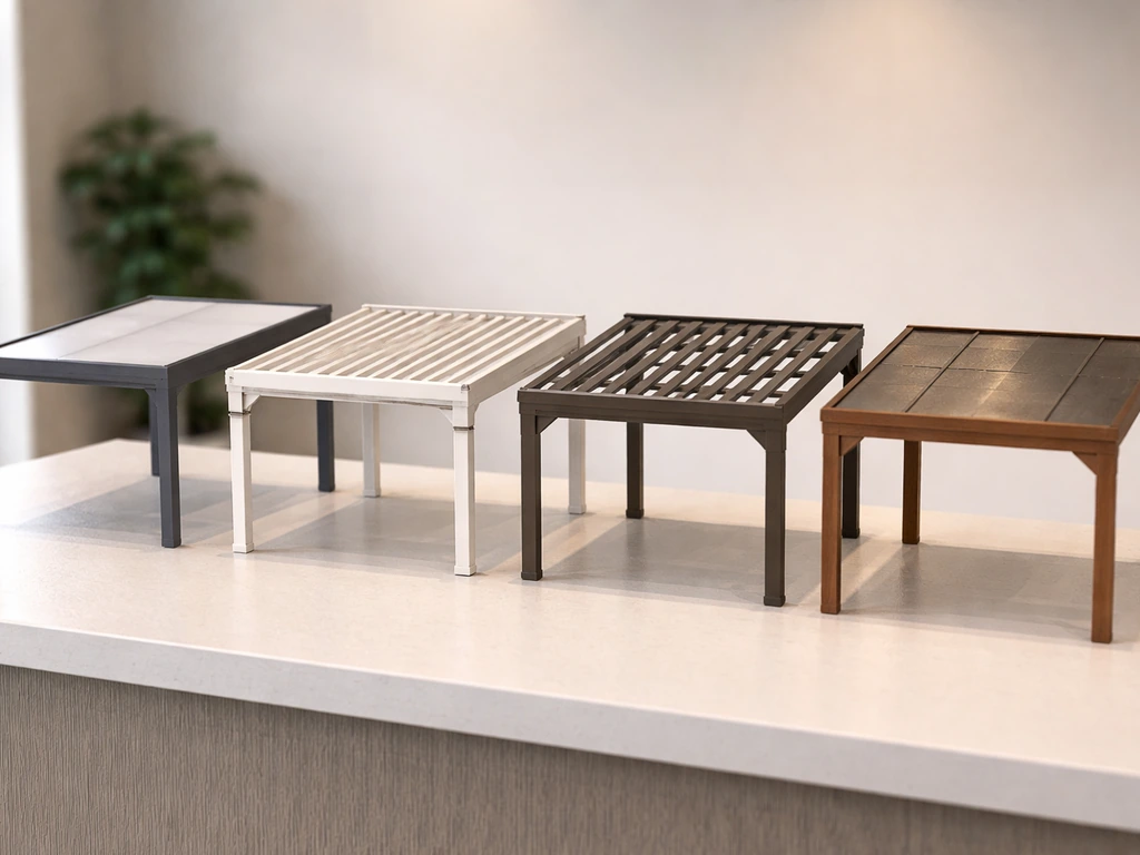 Minimal photo of four patio cover product samples on a clean showroom counter