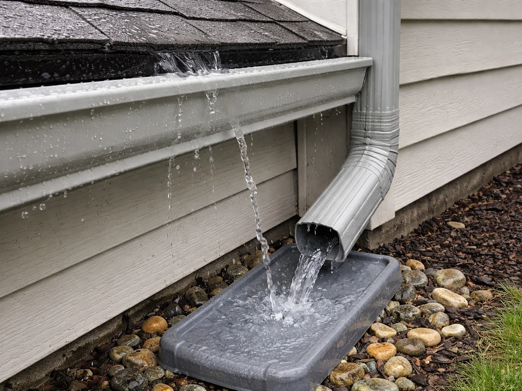 Close-up of a gutter and downspout draining rainwater away from a house.
