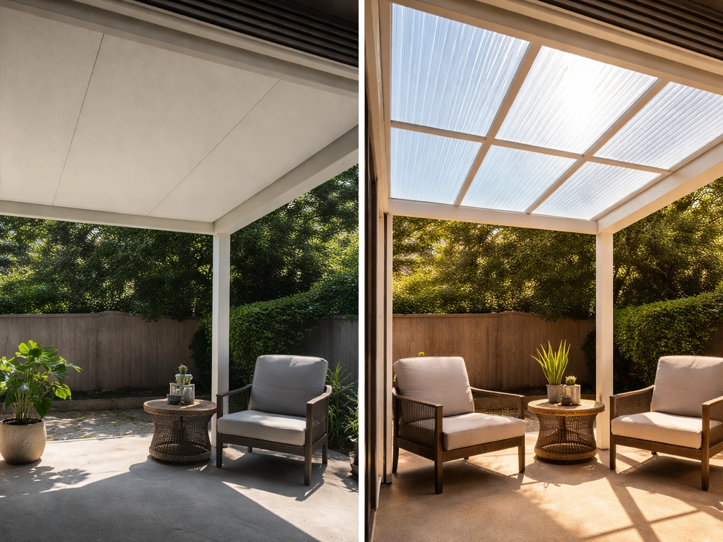 Split scene showing a shaded insulated roof panel blocking sunlight versus a clear panel letting heat through.
