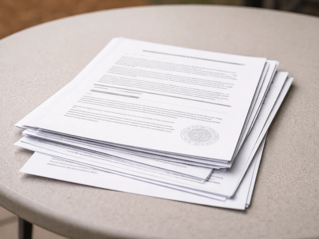 Close-up of a small stack of patio cover warranty papers, evaluation report, and manual pages on a table