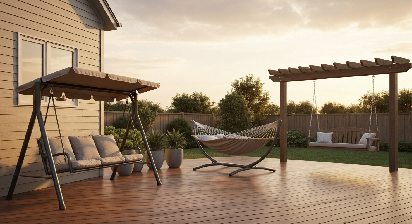 Backyard scene showing three types of patio swings: a bench swing, a hammock bed on a stand, and a hanging porch swing on a pergola.