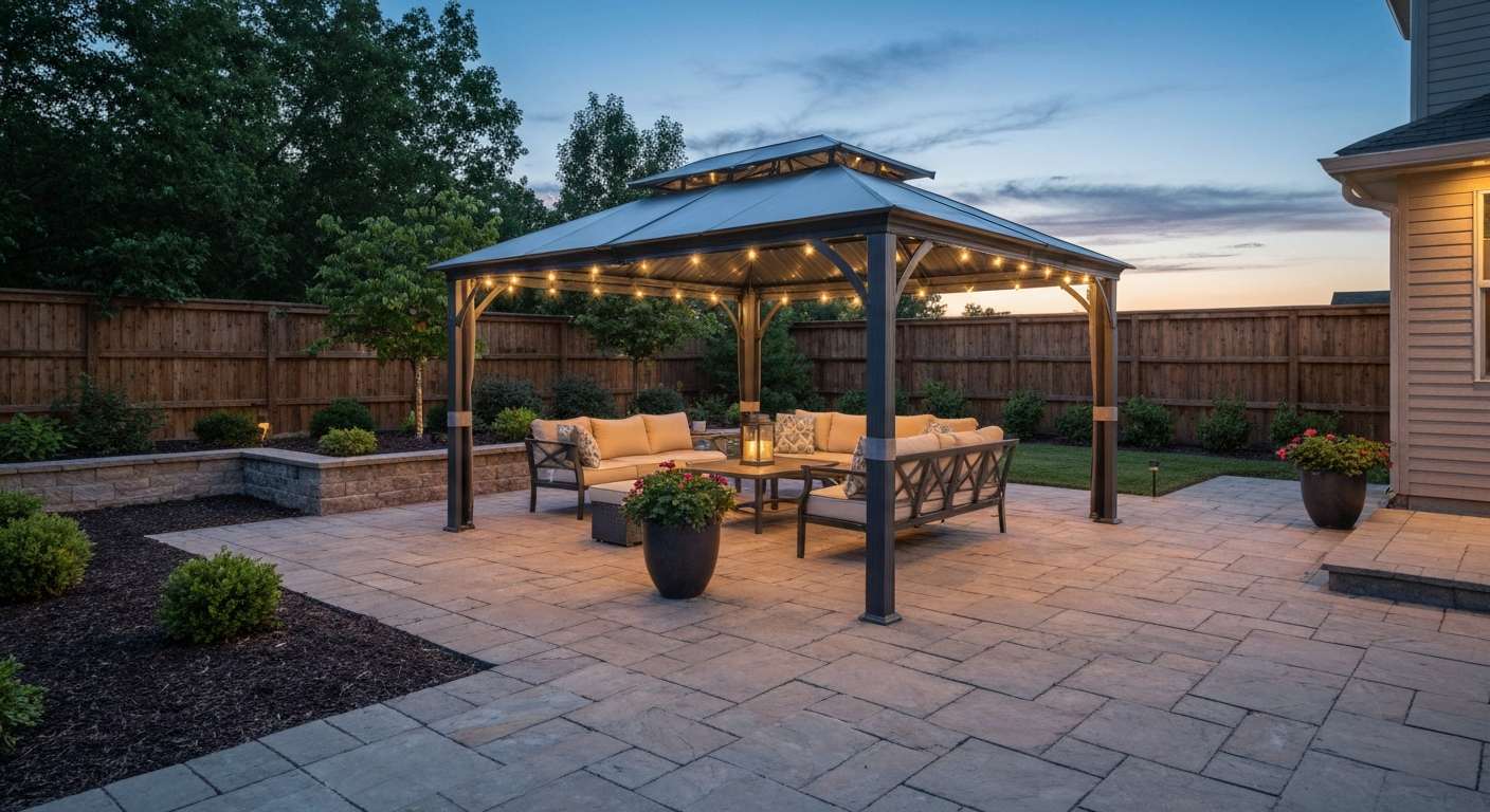 Backyard patio with a modern hardtop gazebo, seating area, and ambient string lights.