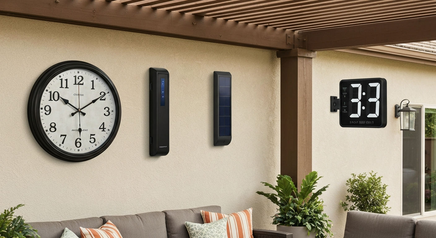 Three outdoor patio clocks—powder-coated analog, solar analog, and large LED digital—mounted on an exterior wall above a seating area, showing sun and shade for placement context.