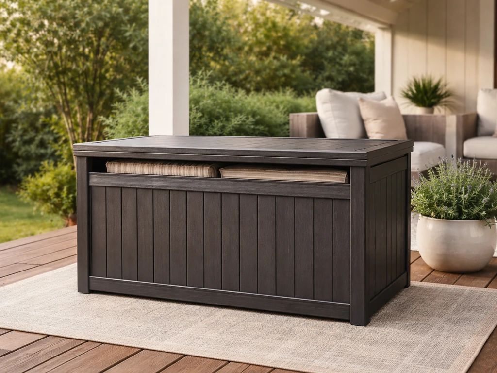 Patio cushions neatly stored in a closed weatherproof outdoor chest on a tidy deck