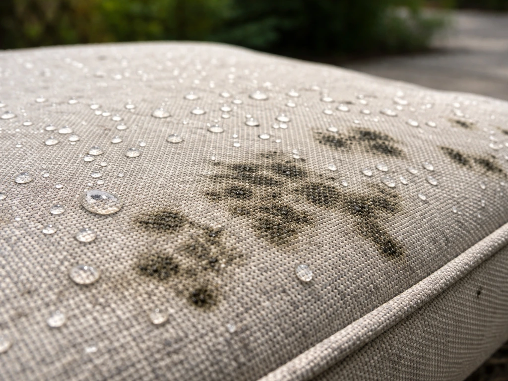 Close-up of outdoor patio cushion fabric with water droplets and mildew discoloration on the weave.