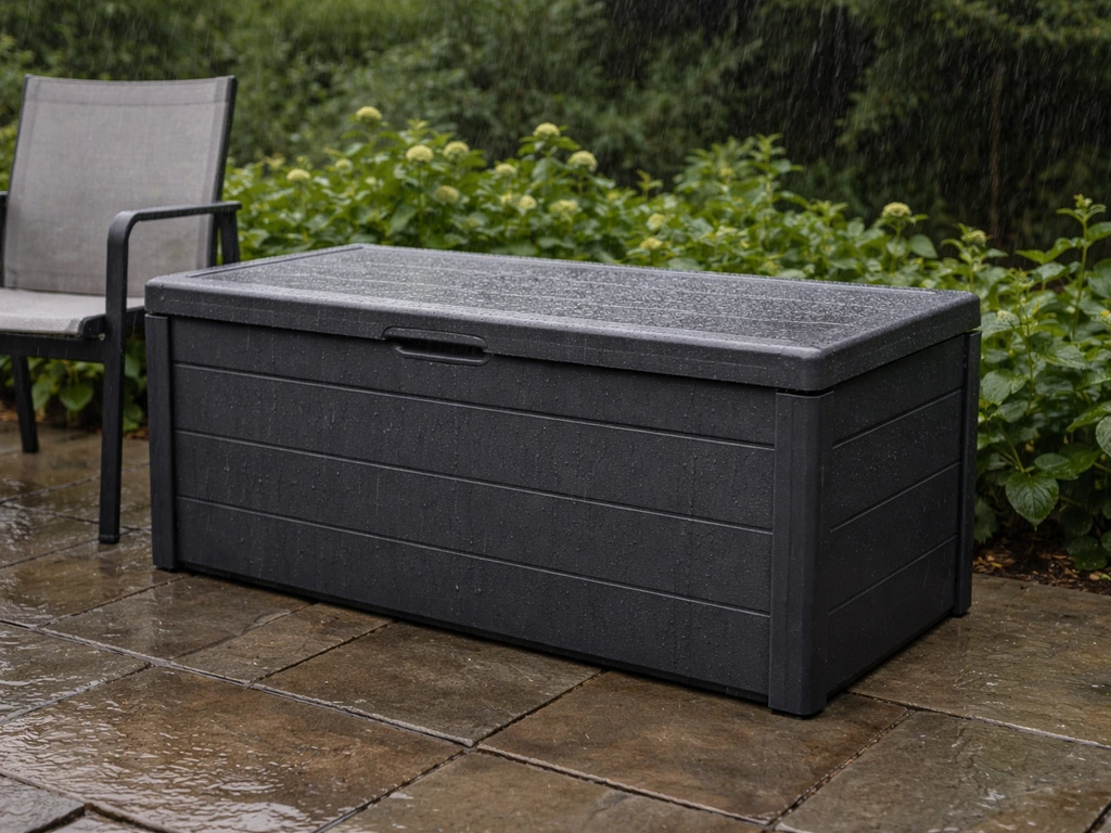 Closed waterproof outdoor storage chest on a patio with rain droplets and wet surroundings.