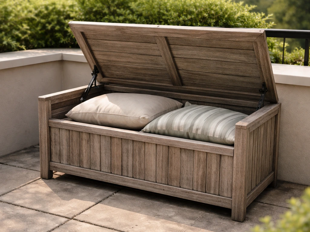 Outdoor storage bench on a small patio with lid open, showing shallow interior and stacked cushions