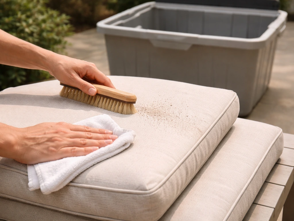 Person brushing and wiping outdoor cushions, then placing dry cushions into a clean storage bin.