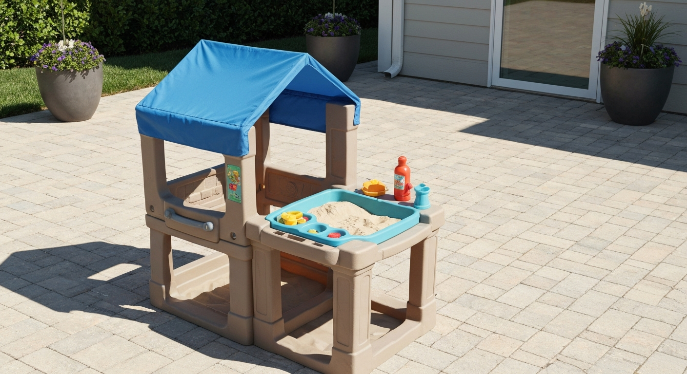 Compact children's playset with blue canopy on a sunny patio showing sand and water tray, pretend grill, and accessory kit.