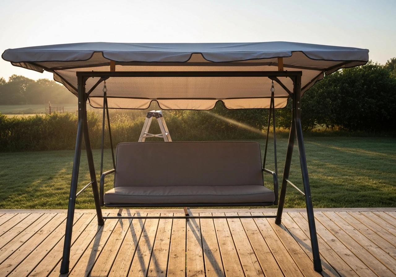 Patio swing on sunrise deck with the canopy top removed and a replacement top staged overhead.