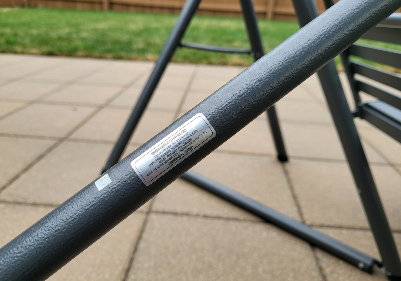 Close-up of a patio swing frame with the manufacturer label area clearly visible for model identification.