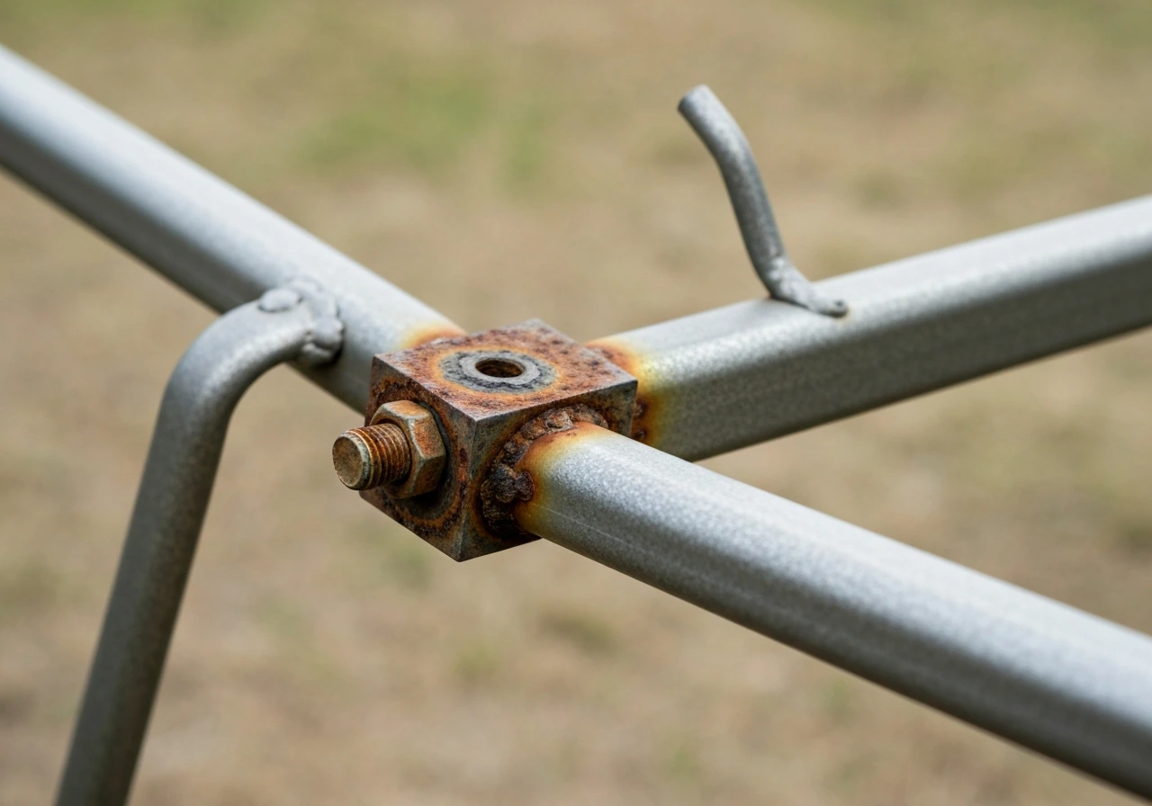 Close-up of rust-corroded canopy arm joint and connector hardware showing deterioration.