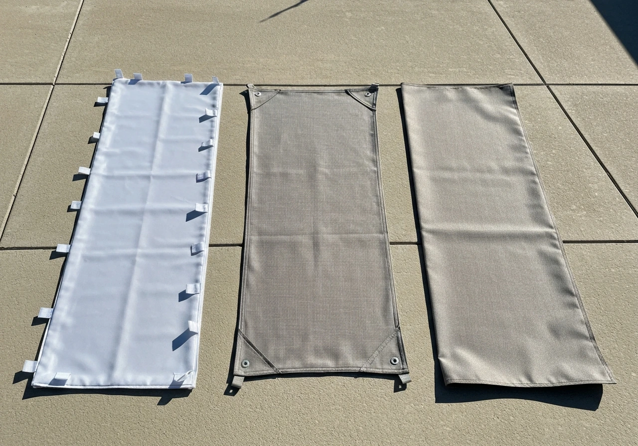 Three patio canopy top fabric samples side-by-side showing Velcro tabs and corner-pocket attachment styles.